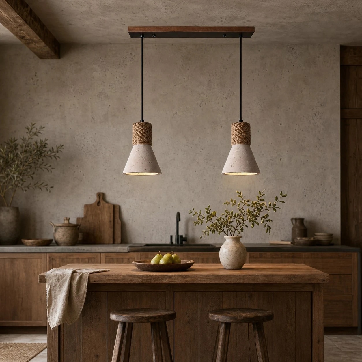 Lámpara colgante de dos luces sobre una isla de cocina.