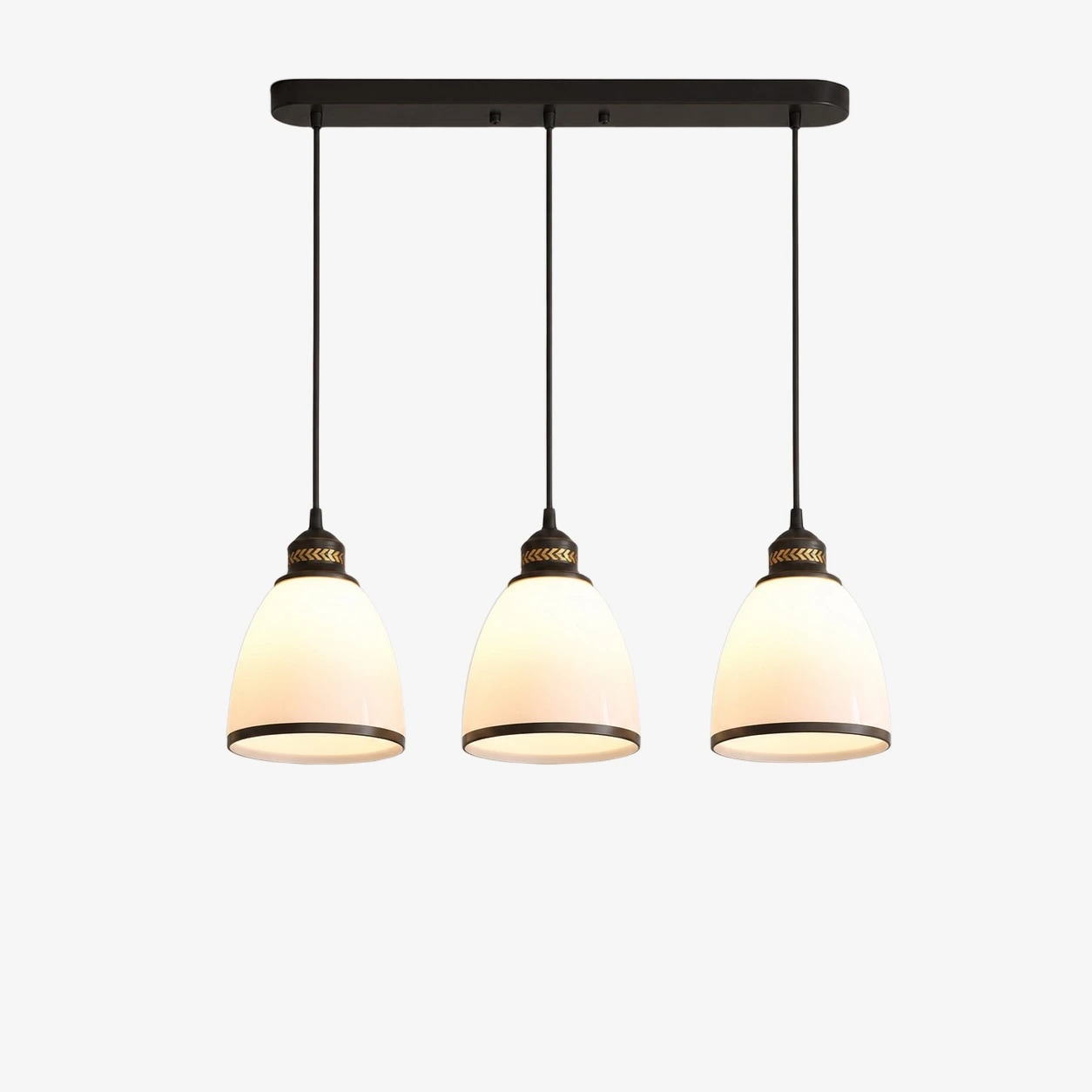 Linear three-light pendant with rectangular ceiling canopy