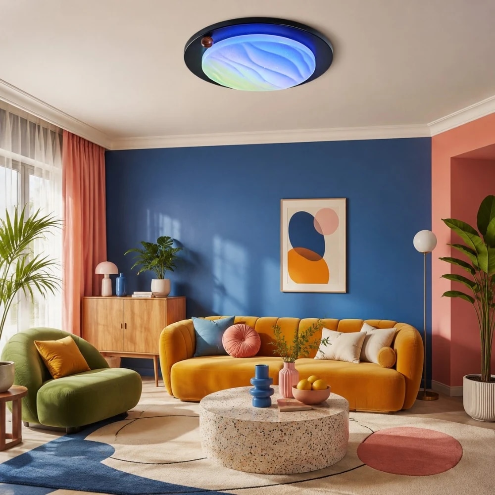 Detalhe da luminária de teto embutida RGB Dynamic Sky em nogueira