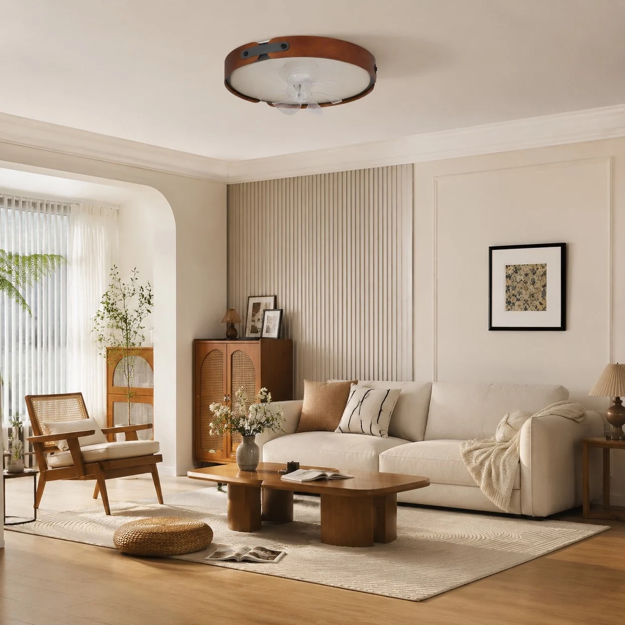 Walnut ceiling light in a lounge