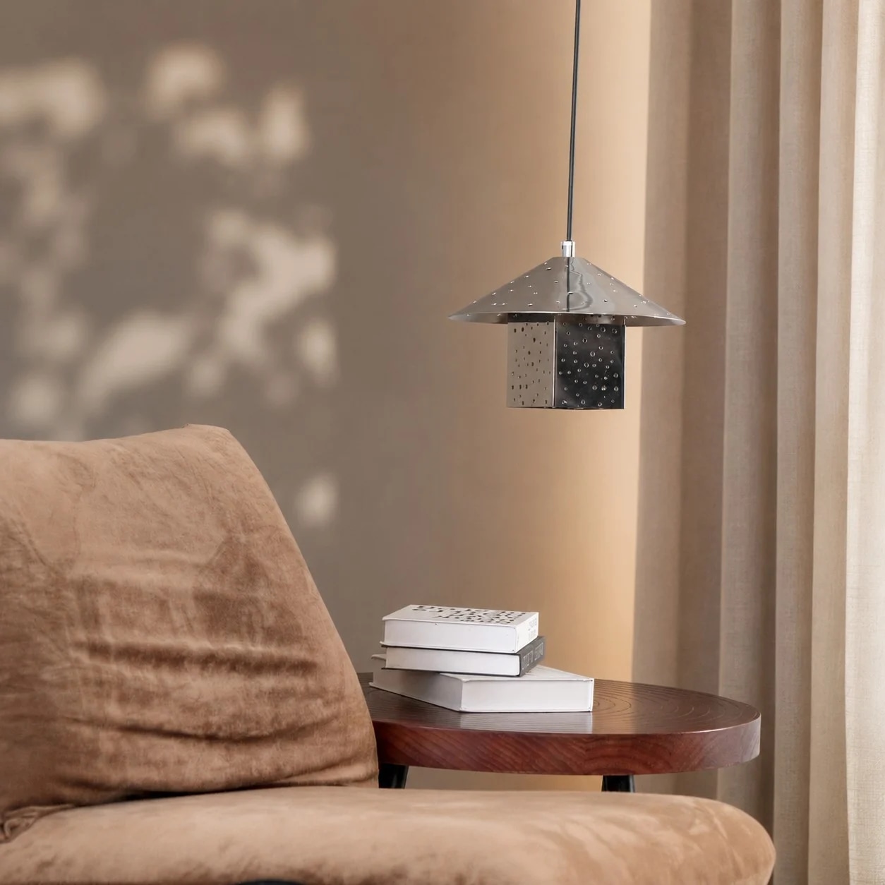 Industrial silver pendant lamp angle view