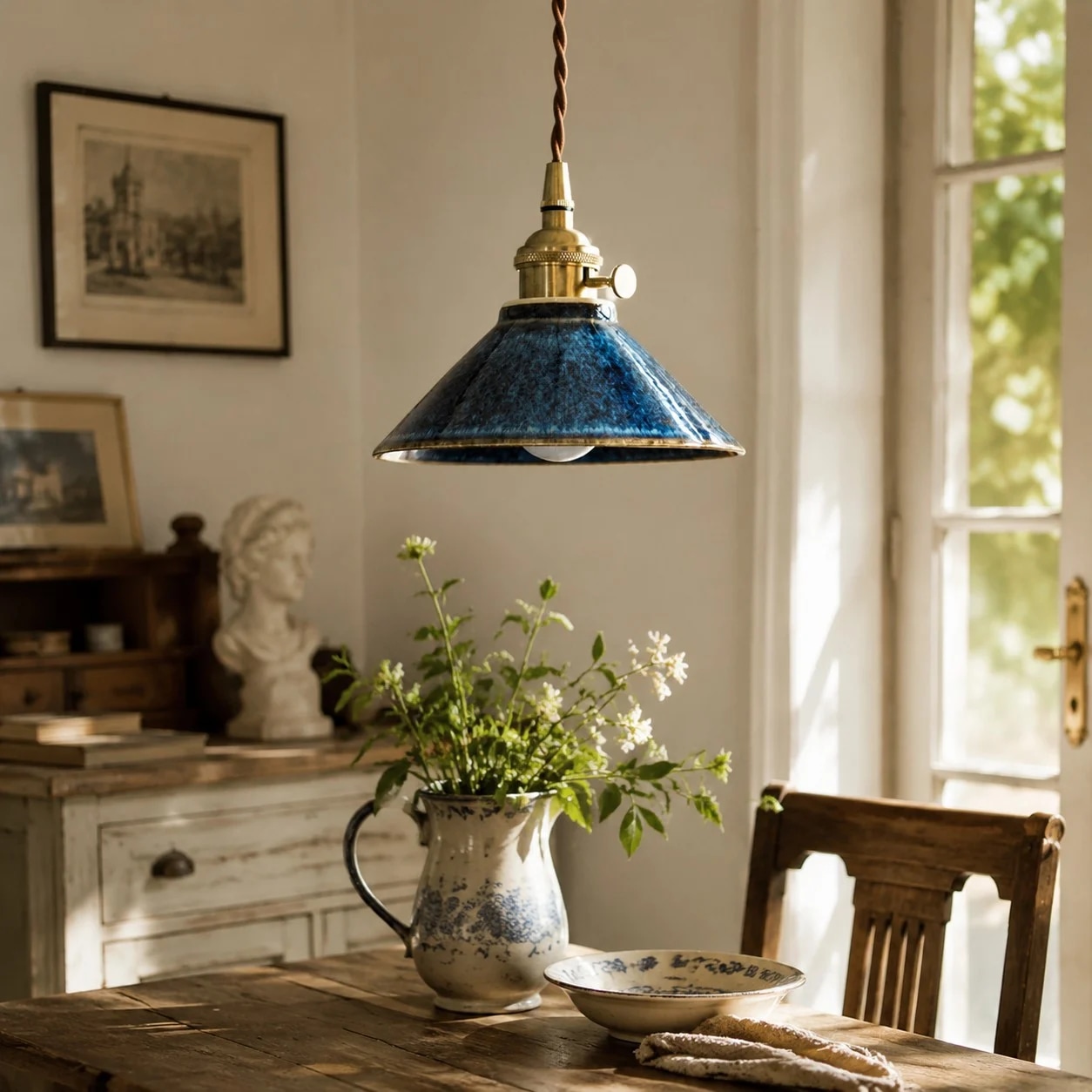 Suspension en céramique bleue au-dessus d'une table à thé vintage près d'une fenêtre