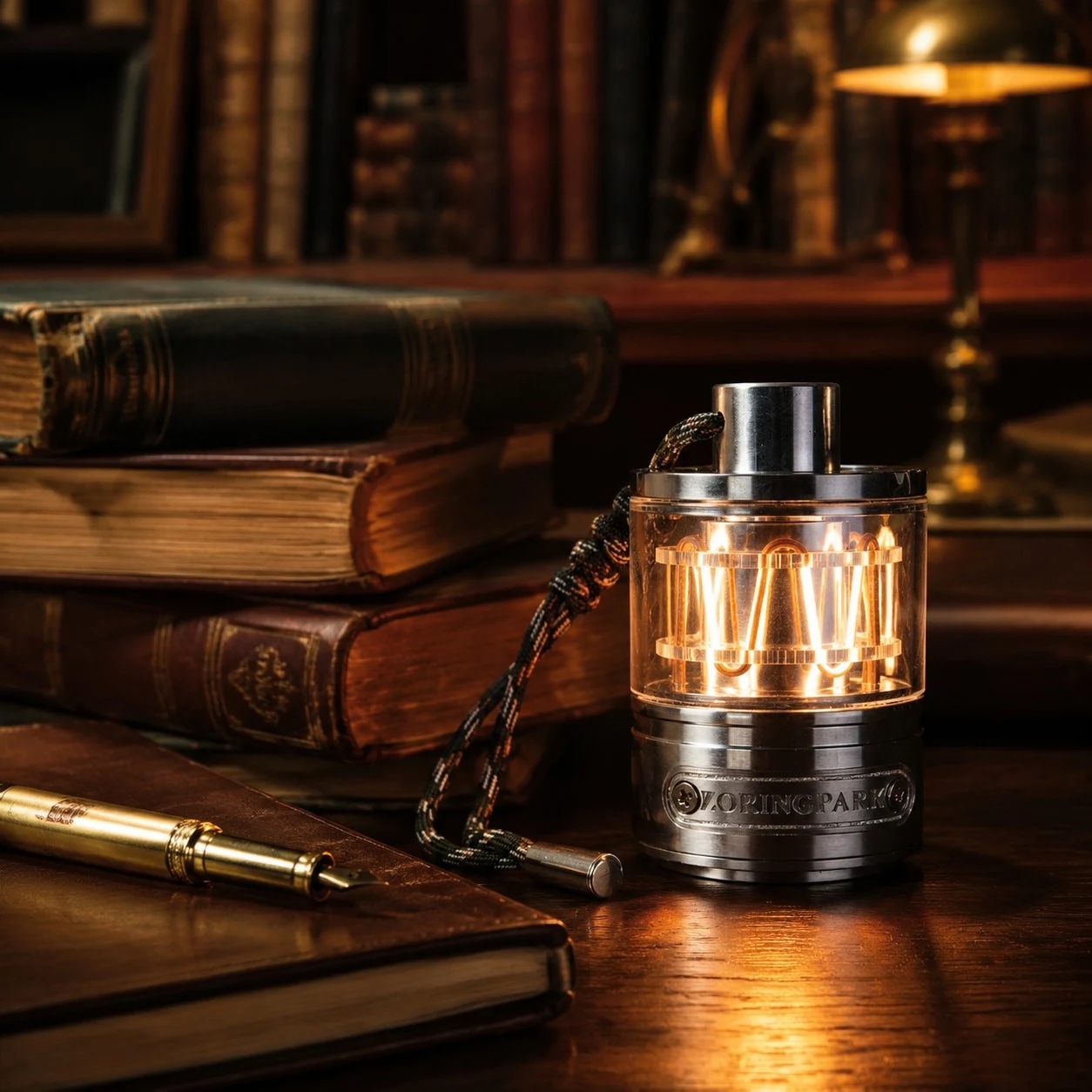 Warm lamp on a tabletop with books
