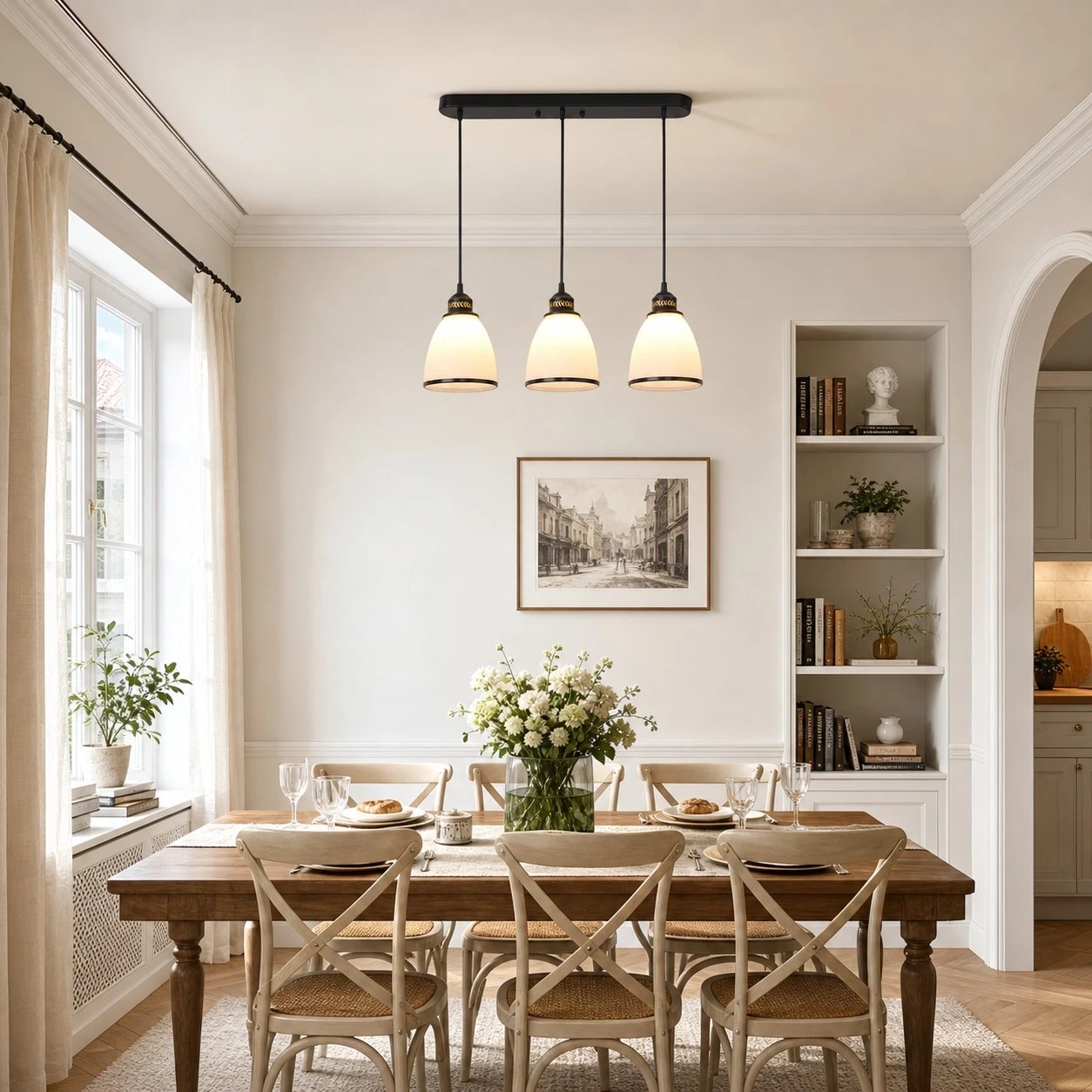 Linear three-light pendant installed above a dining table