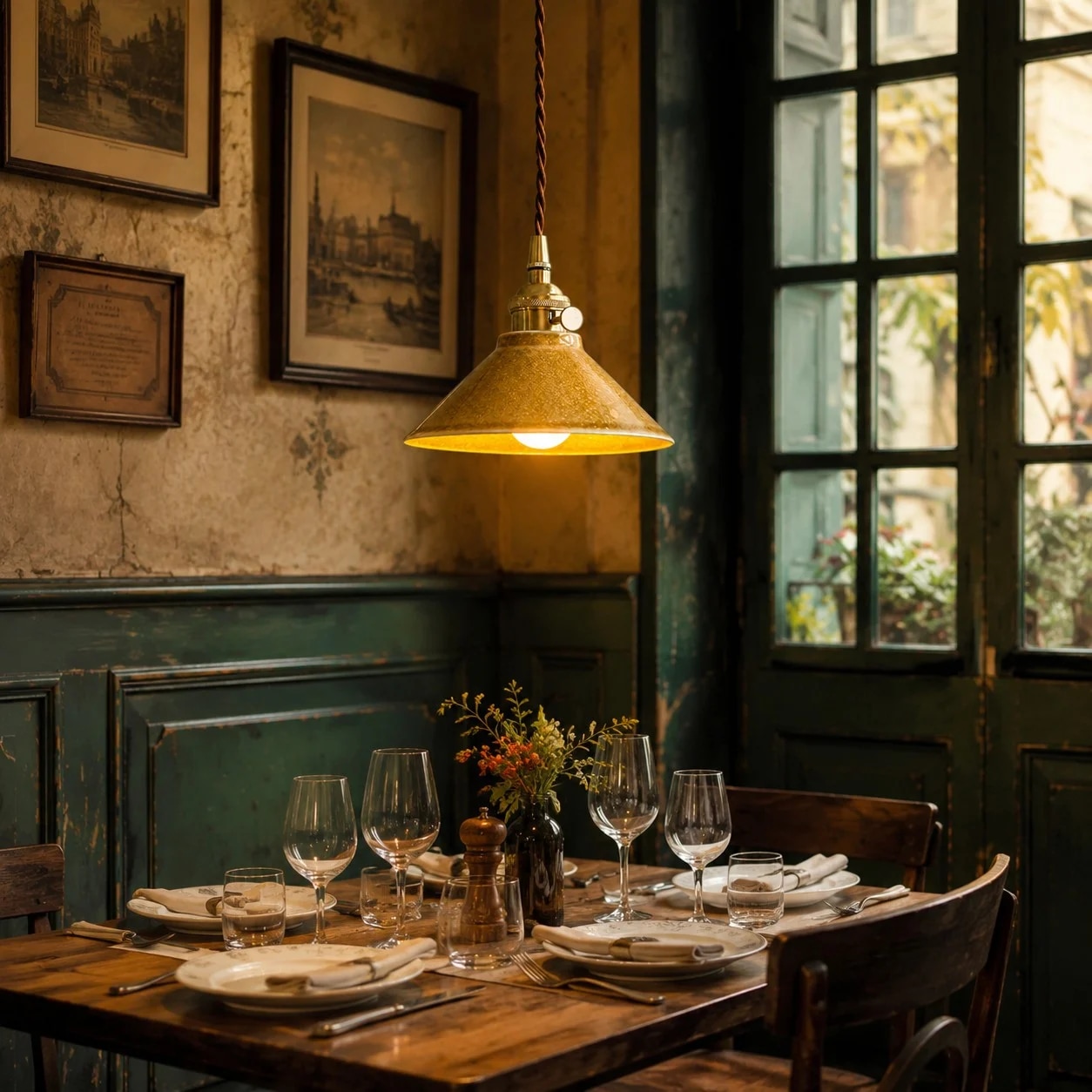 Suspension en céramique émaillée jaune au-dessus d'une table de restaurant vintage