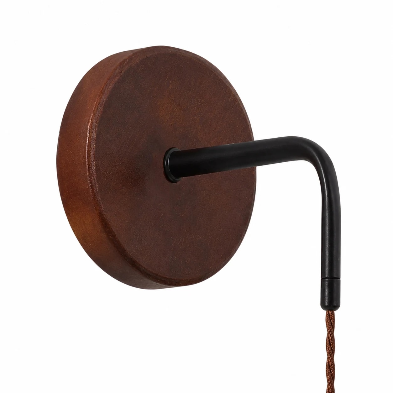 Rond wandbord met houtlook en matzwarte armleuning.