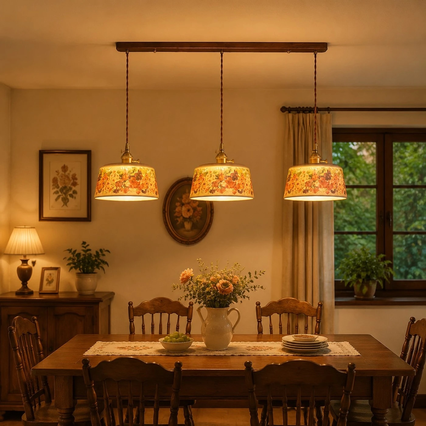 Suspension à trois lumières en céramique à motif floral au-dessus d'une table à manger