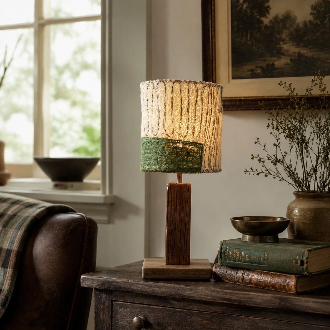 Lampa stołowa z włókna luffa rozświetlona w ciepłym salonie