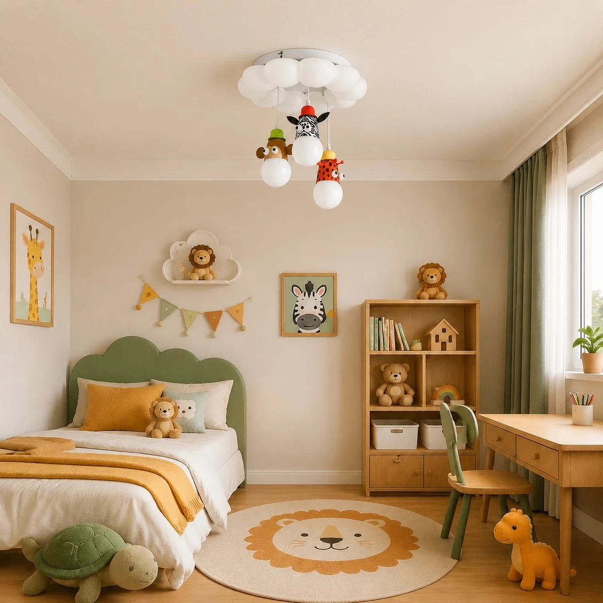 Camera da letto in stile cameretta con lampada a soffitto a forma di nuvola e animale installata