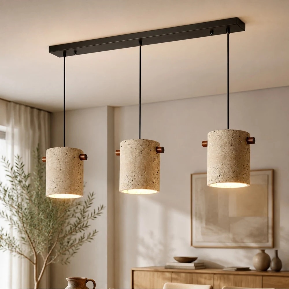 Luminária pendente cilíndrica de travertino Wabi-Sabi para ambiente