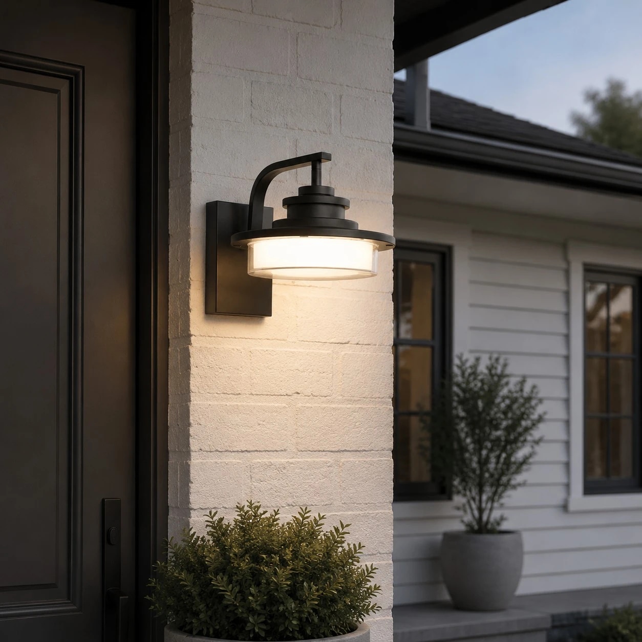 Round black outdoor wall light installed by an entry door