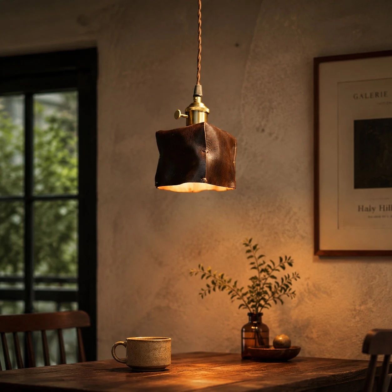 Een bruine leren hanglamp zorgt voor een sfeervol licht boven een eettafel.