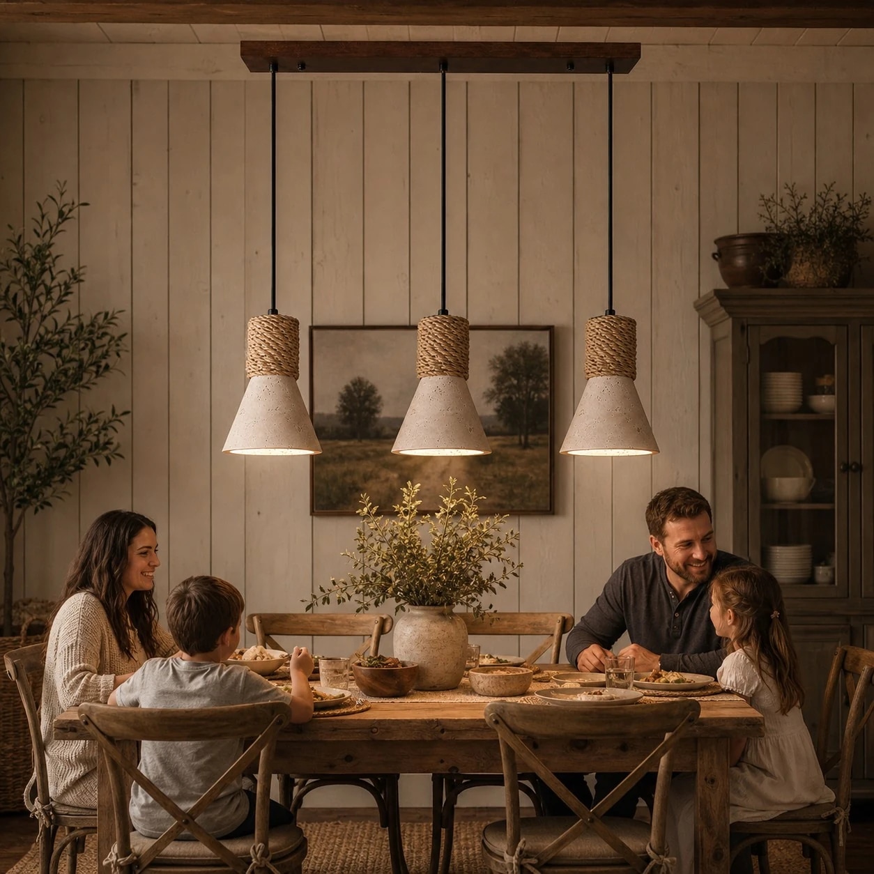 Tres lámparas colgantes sobre una mesa de comedor familiar.