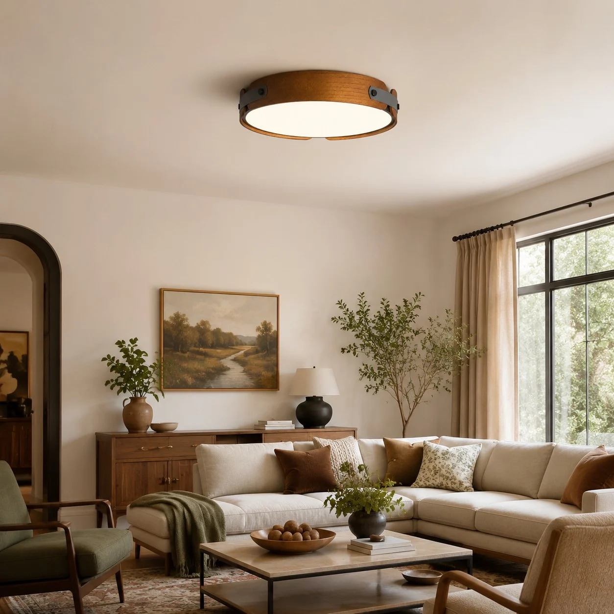 Walnut ceiling light in a living room