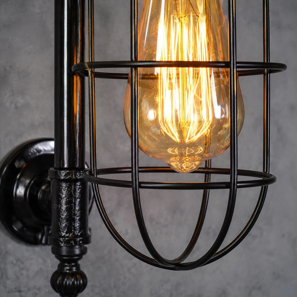 Industrial Pipe Wall Sconce with Vintage Cage Shade detail