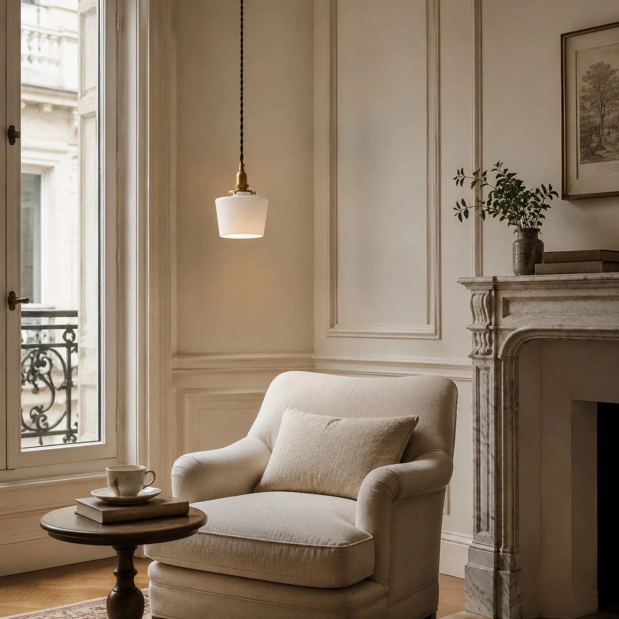 Illuminated ribbed glass pendant in a room scene
