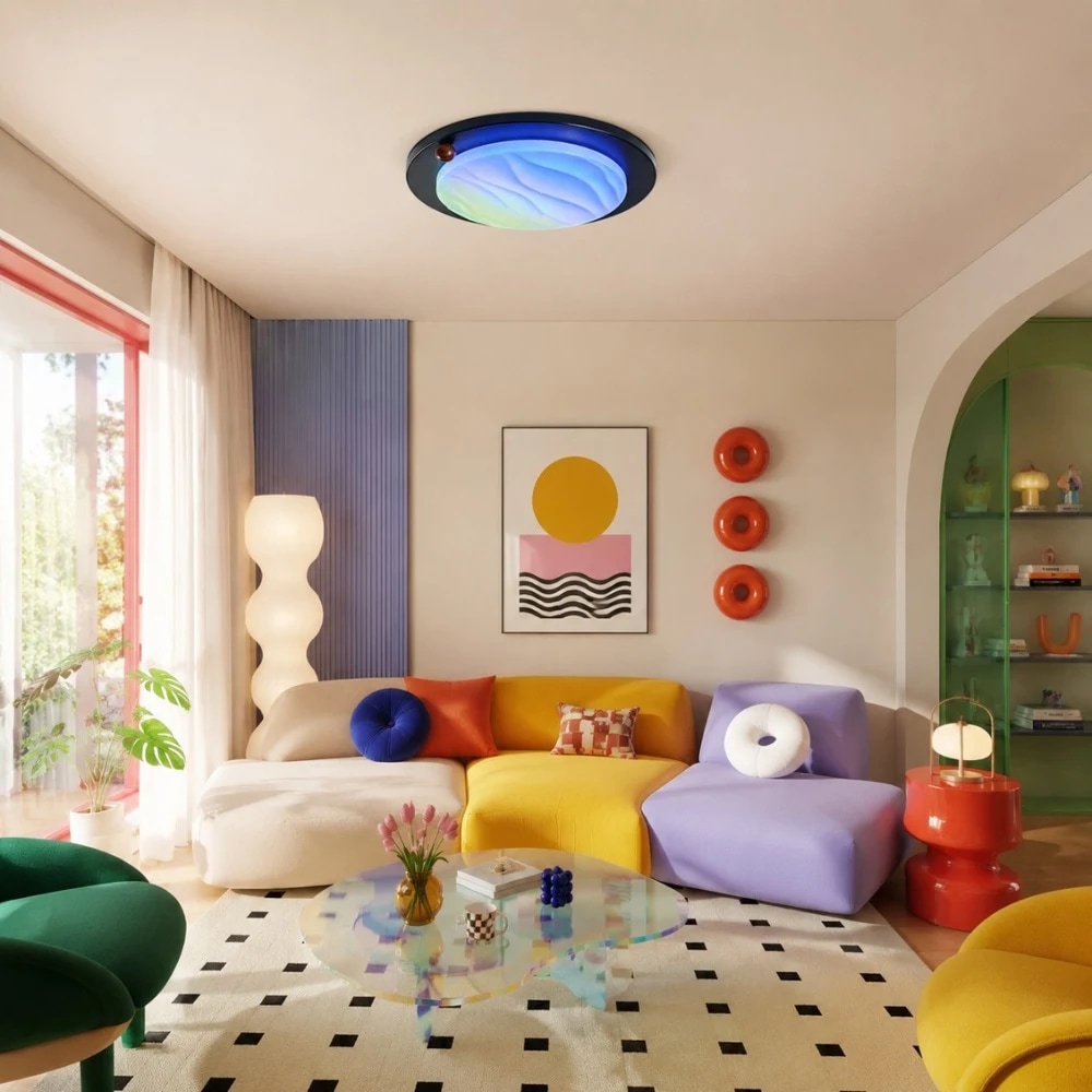 Detalhe da luminária de teto embutida RGB Dynamic Sky em nogueira