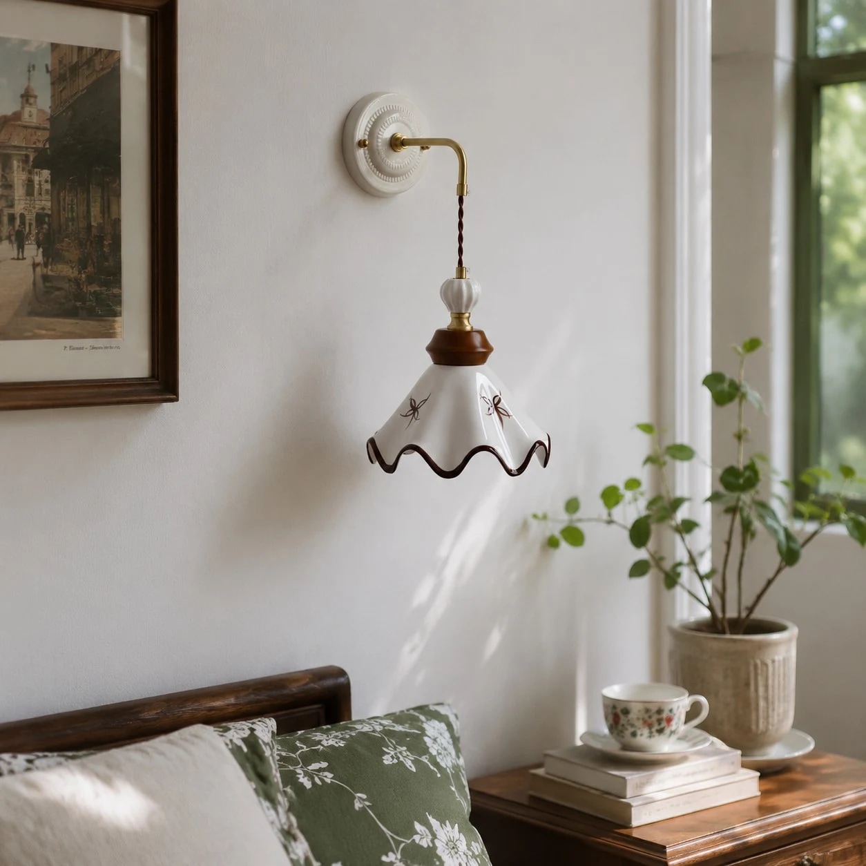 Eine handbemalte Keramikwandlampe neben gerahmten Bildern und einem Lesesessel