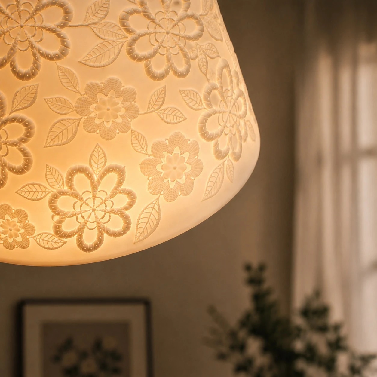 Rilievo floreale in ceramica che emana una calda luce