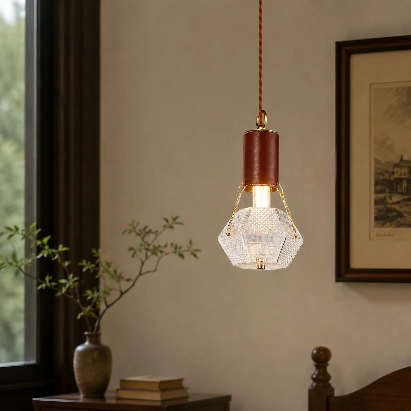 Ambiente para sala com luminária pendente prismática 1