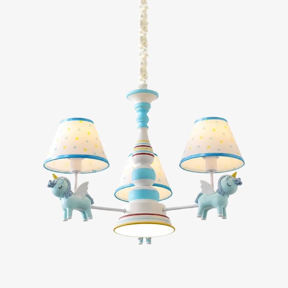 Lustre bleu pour chambre d'enfant avec trois abat-jour en tissu