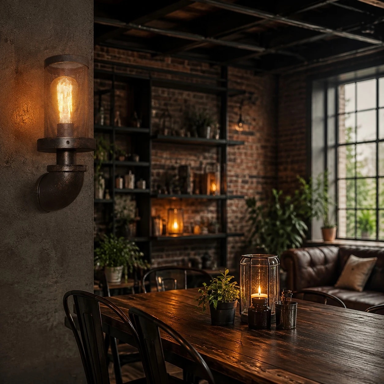 Industrial rust wall sconce lighting a loft dining room