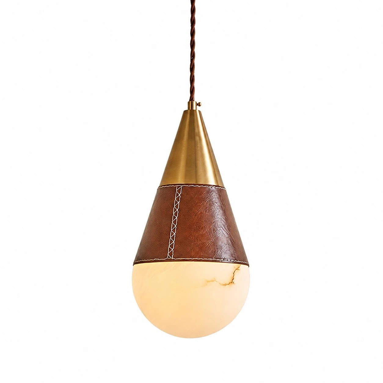 Suspension en forme de larme, imitation marbre ivoire chaud, finition cuir marron et laiton brossé