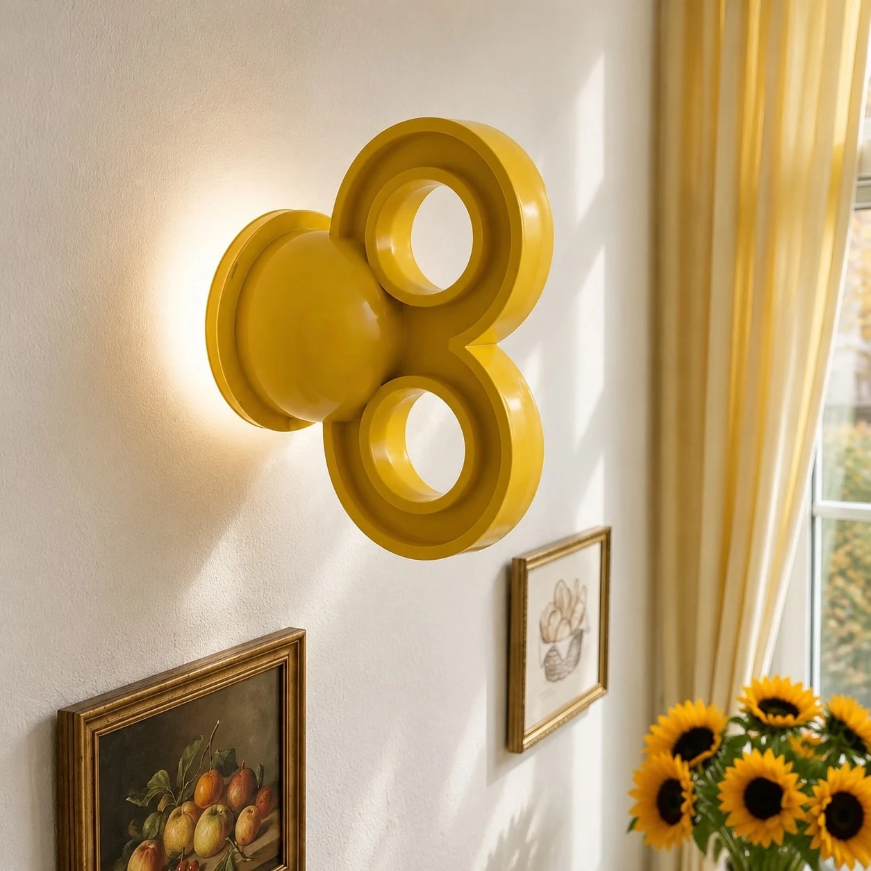 Żółta lampa ścienna w pobliżu oprawionych dzieł sztuki i żółtych zasłon