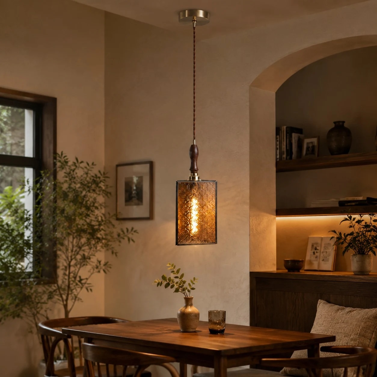 Vintage glass pendant installed above a dining table