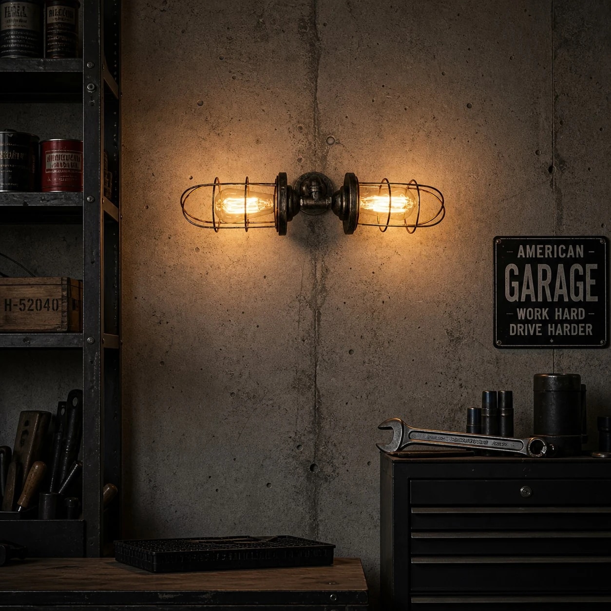 Single cage wall sconce on a covered doorway