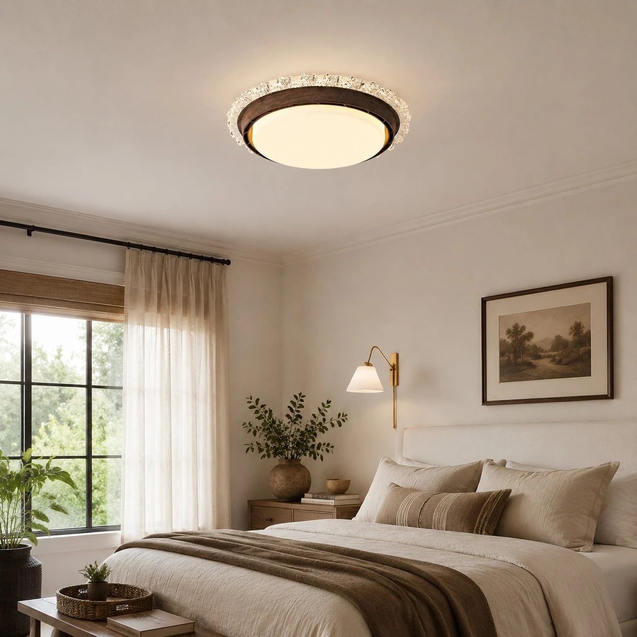 Flush mount ceiling fan light installed in a bright bedroom