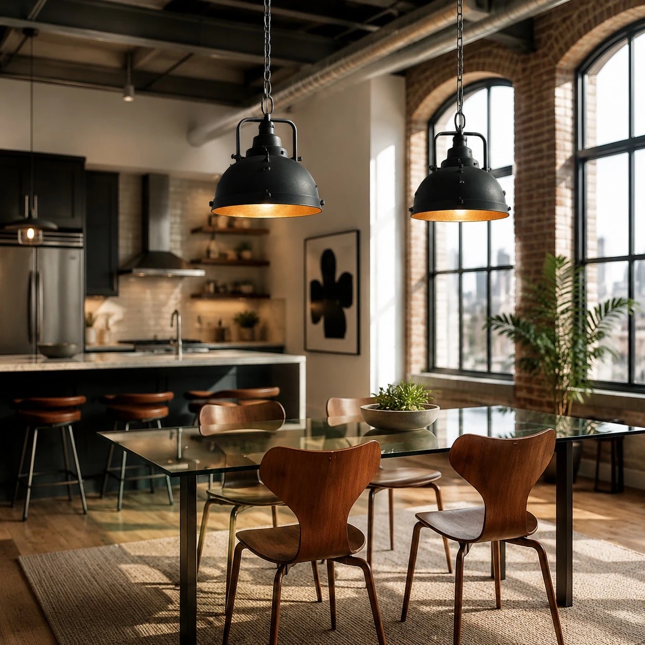 A warm industrial focal point for dining rooms, kitchens and loft spaces.