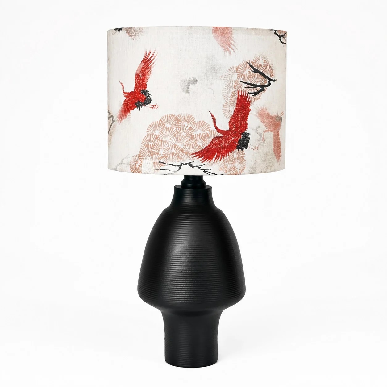 Chinoiserie crane table lamp with black ribbed base and fabric shade