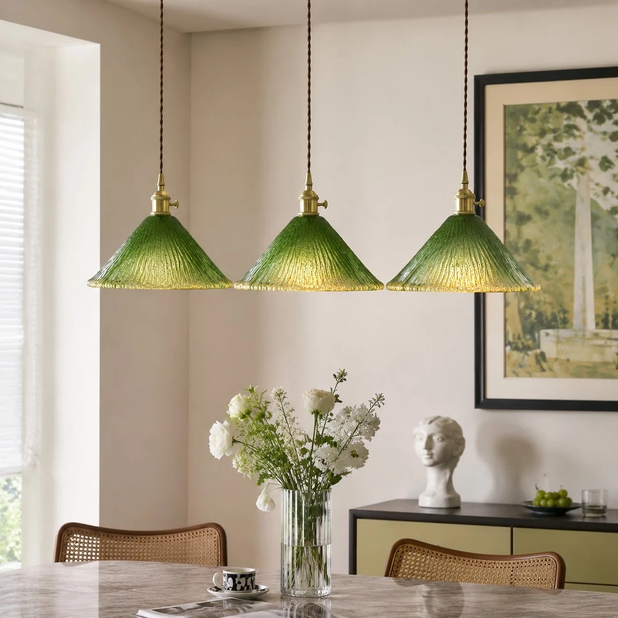 Green pendant lamps in a dining room