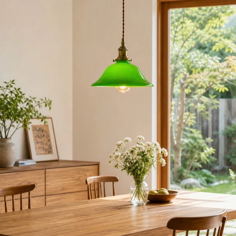 Green glass pendant lamp above a wooden dining table