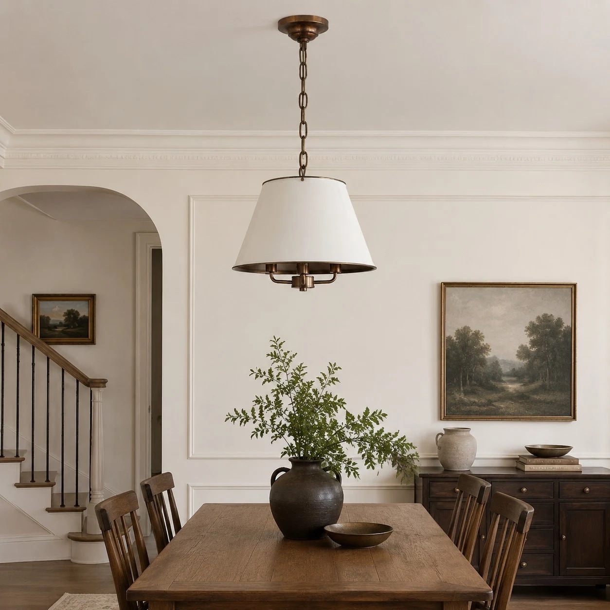 Vintage messing hanglamp met witte kap, geïnstalleerd boven een eettafel.