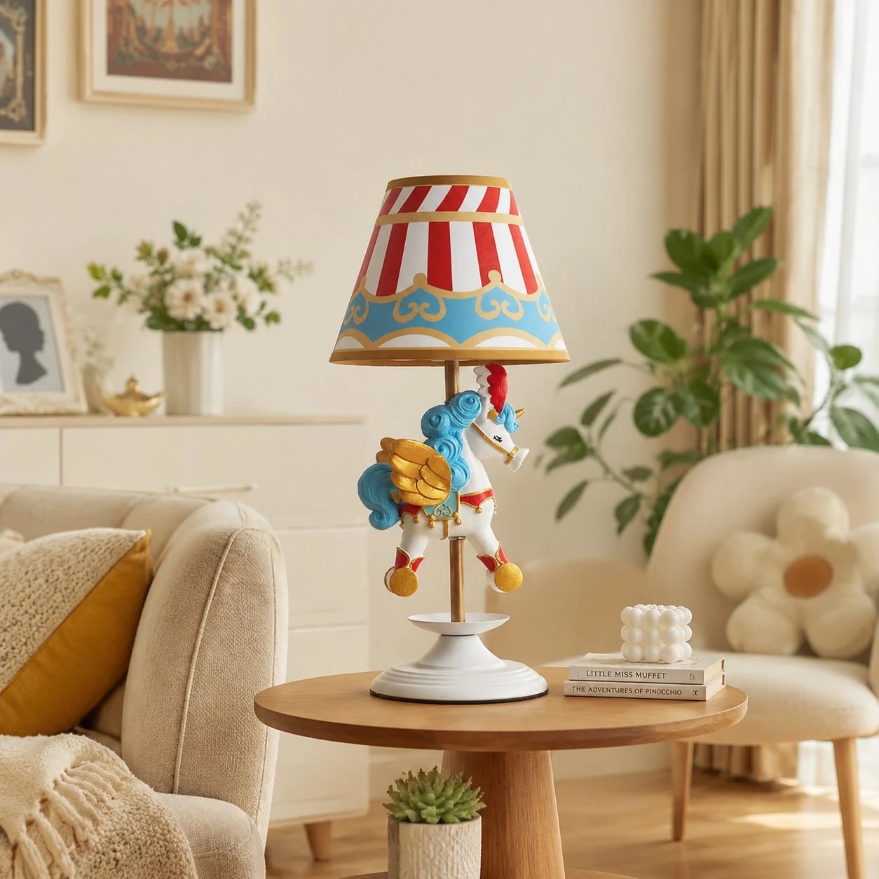 Lampe de table licorne de style carrousel de cirque sur une table d'appoint de salon