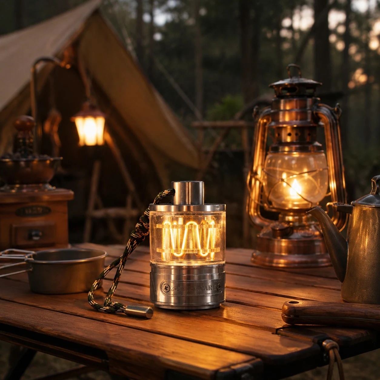 Lamp glowing in a camping tabletop scene
