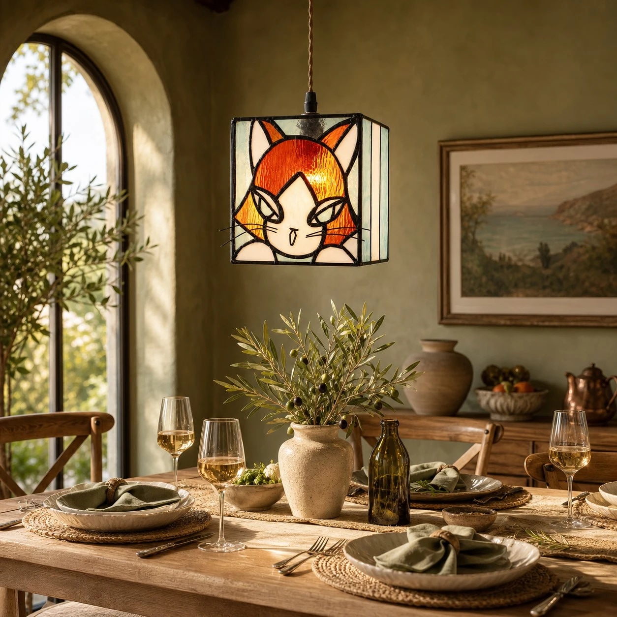 Luminária pendente de vitral em forma de gato âmbar instalada acima de uma mesa de jantar.