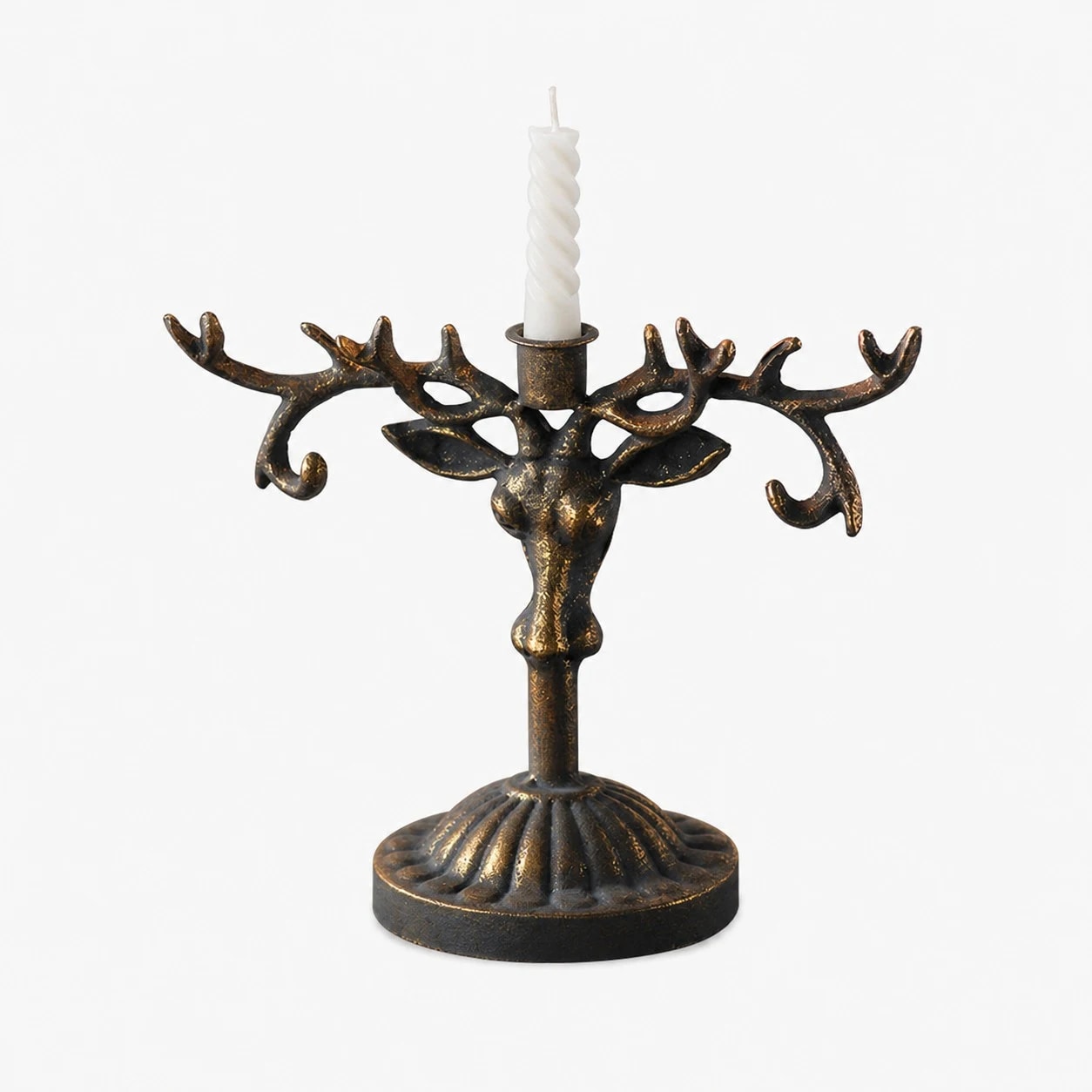 Small antique bronze deer head iron candle holder