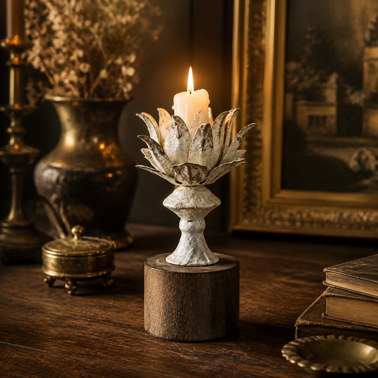Lotus bloom candle holder styled on a layered tabletop
