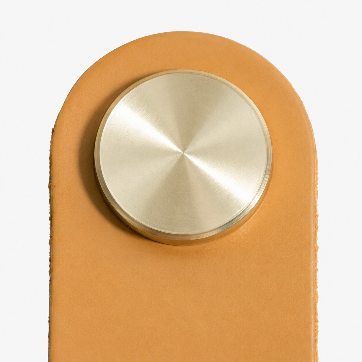 Cowhide leather cabinet pull handle brass cap detail