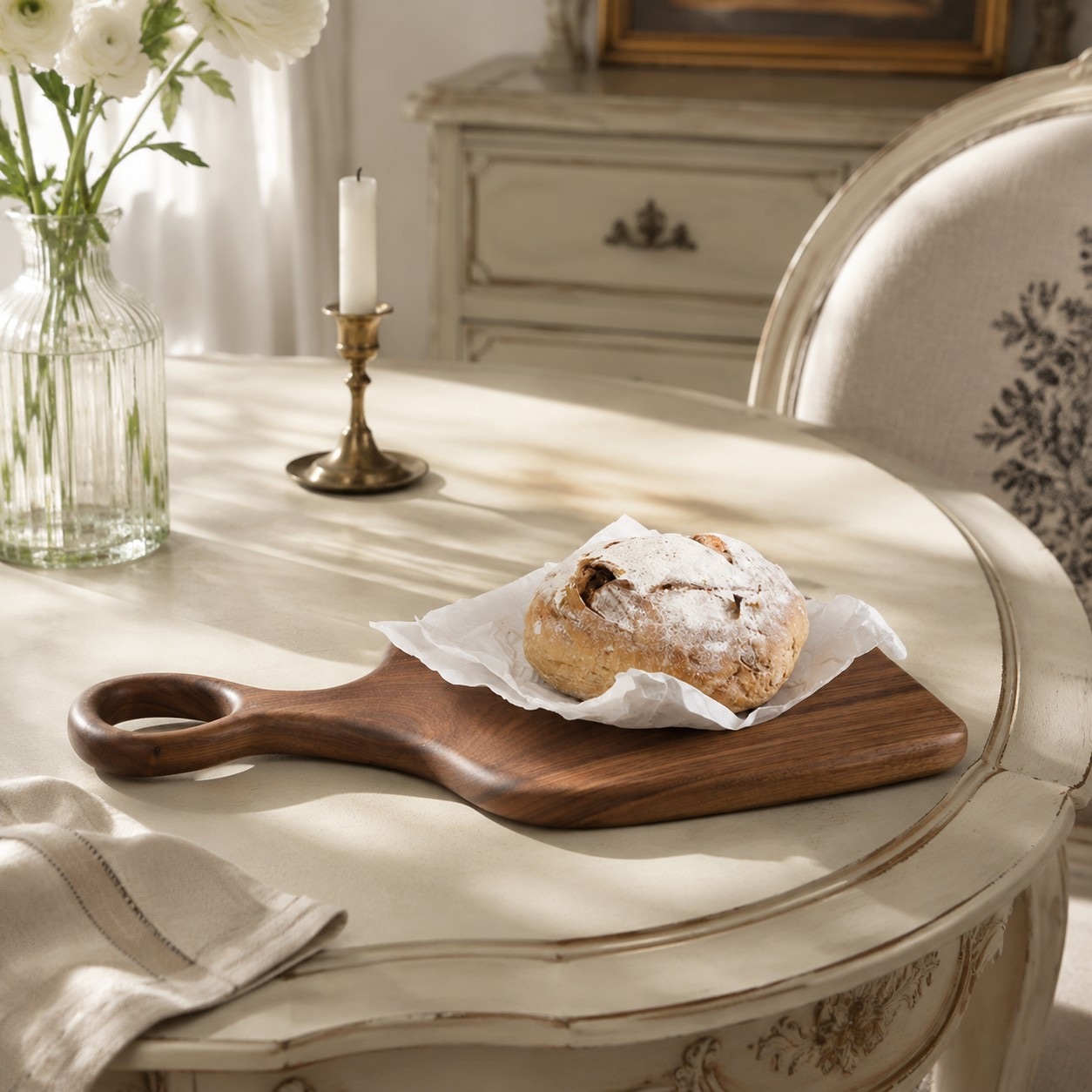 Black walnut serving board styled with bread on a dining table