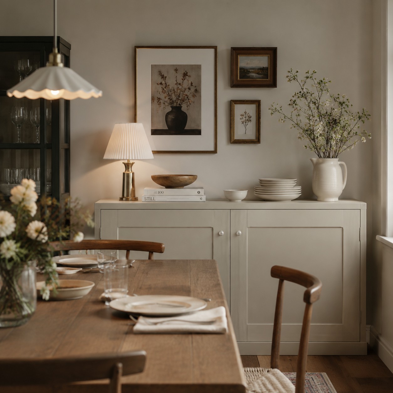 Pearl white cabinet knobs in a warm dining room setting