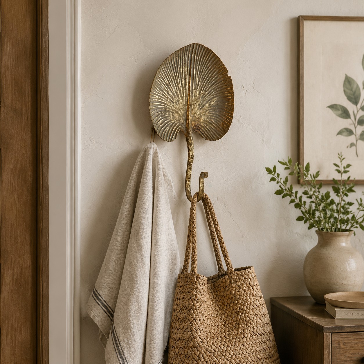 Antique-gold botanical wall hook holding a bag and textile in an entryway