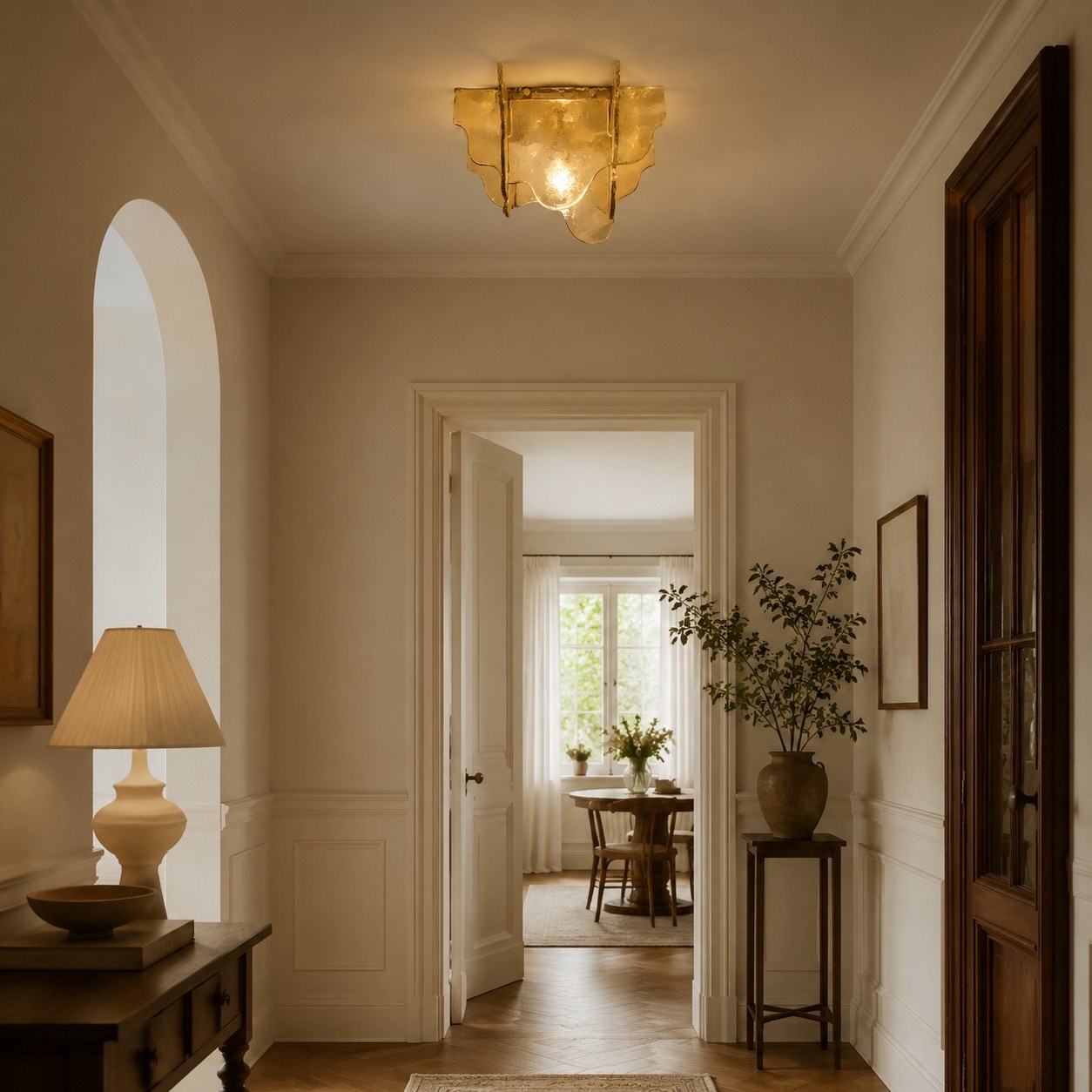Taklampa i kronbladsglas installerad i en hall