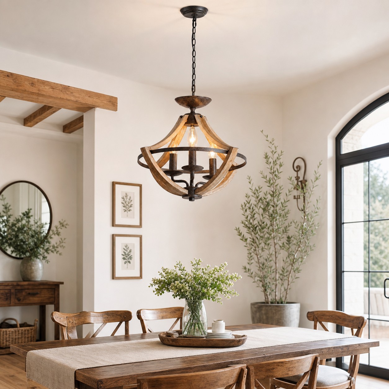 Lustre suspendu à 3 lumières en bois vieilli rustique et finition rouille