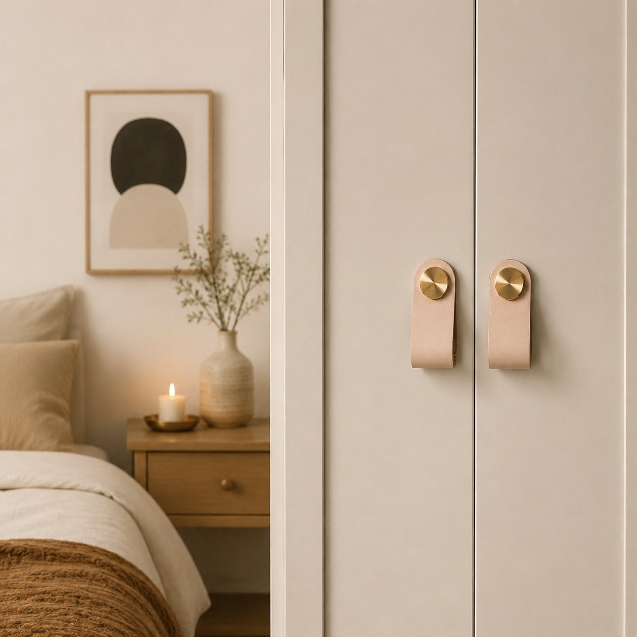 Cowhide leather and brass cabinet pull handle installed on furniture