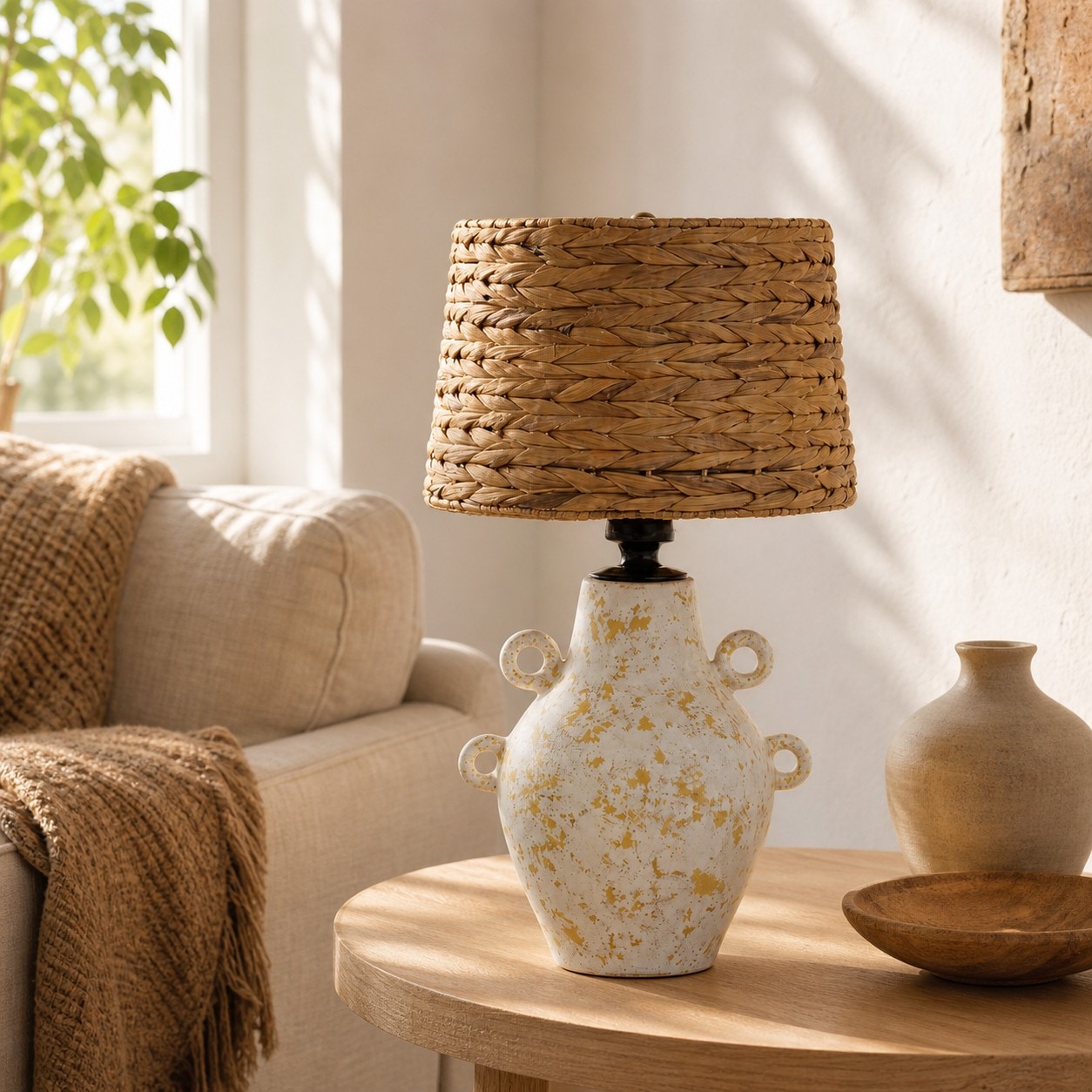 Keramisk bordslampa med flätad skärm placerad bredvid en soffa