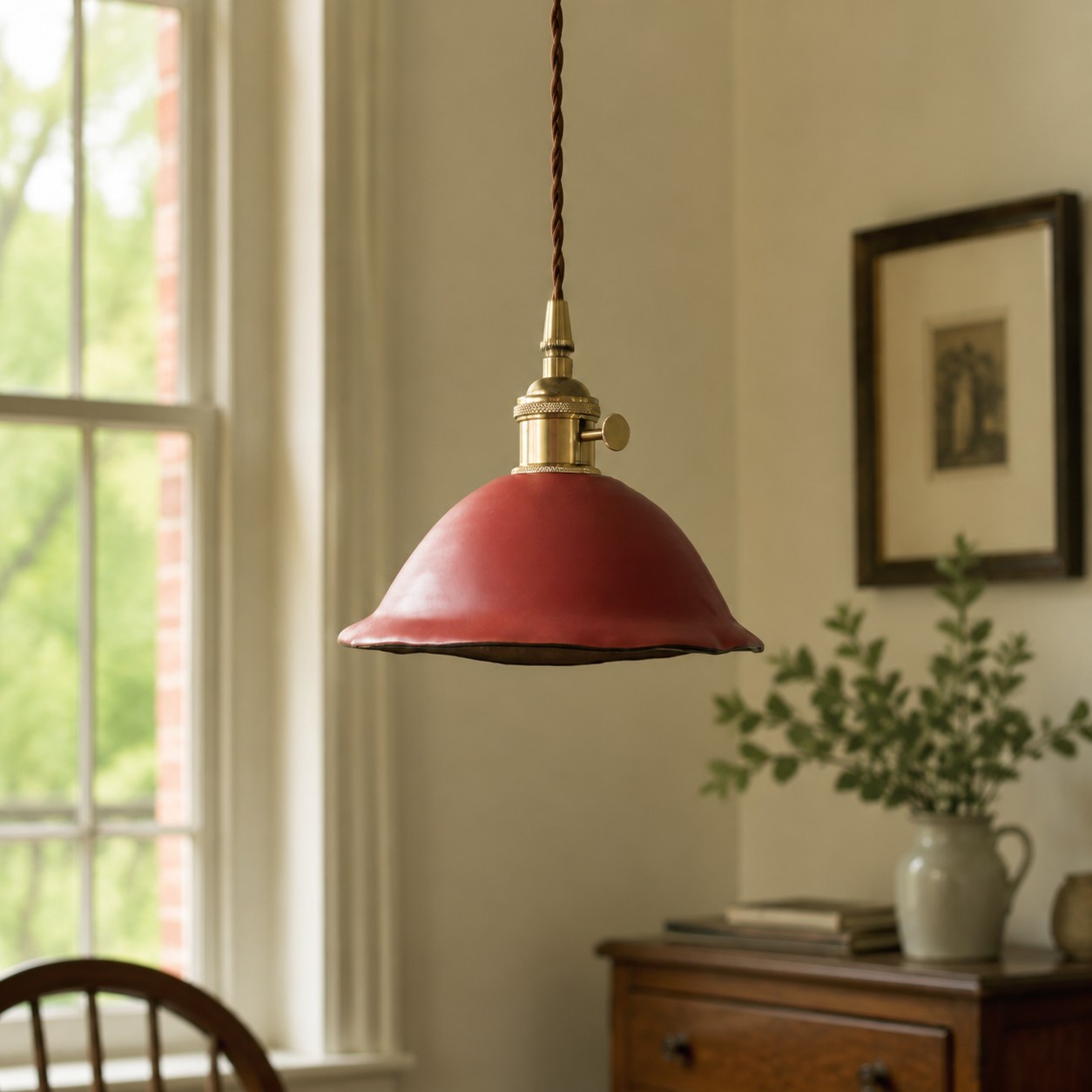 Ceramic pendant light installed beside a bright window